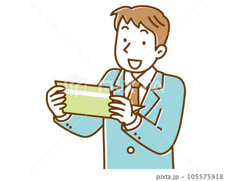 銀行の通帳を見て喜ぶスーツ姿の若い男性 銀行の通帳を見て喜ぶスーツ姿の若い男性 105575918