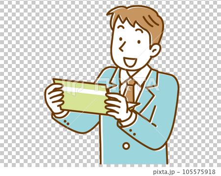 銀行の通帳を見て喜ぶスーツ姿の若い男性 銀行の通帳を見て喜ぶスーツ姿の若い男性 105575918