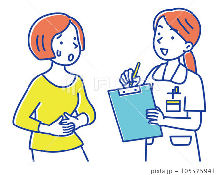 病院で女性患者に問診をする若い女性看護師 105575941