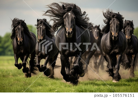 Herd of Friesian black horses galloping in the grass 105576151