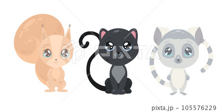 Vector set of cute animals. Cartoon kitten, squirrel and lemur isolated from background. Animistic children s collection 105576229