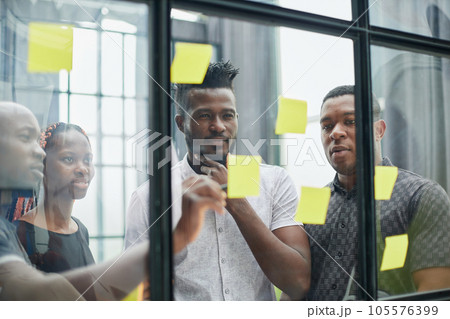 a team of young designers sticking notes on glass in a modern office 105576399