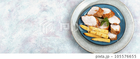 Sliced pork meat tenderloin, space for text. 105576655