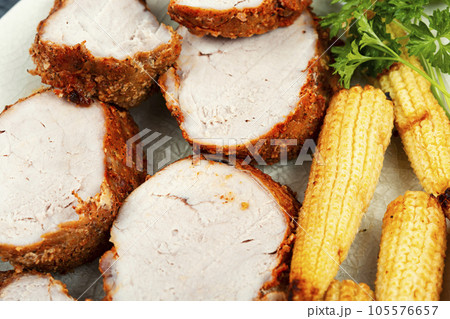 Sliced pork meat tenderloin. 105576657