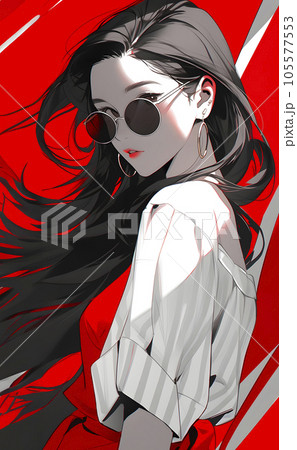 サングラスをかけた女性のアニメイラスト（Generative AI）のイラスト