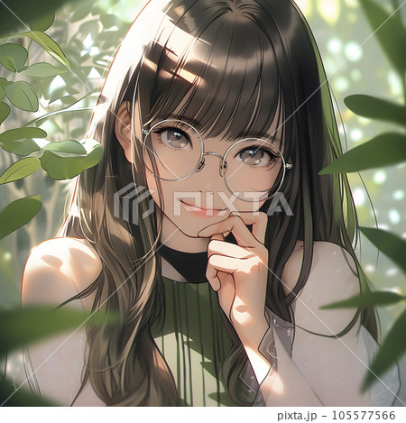 森でポーズをとるメガネ女子（Generative AI）のイラスト素材