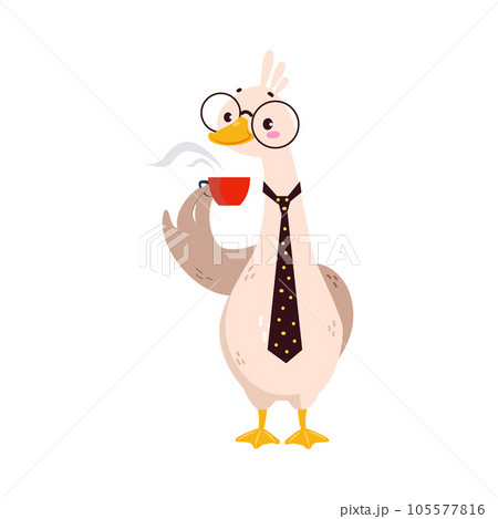 Funny Goose Character in Glasses and Tie Drink Coffee Vector Illustration 105577816