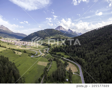 Livigno village ski and Bikepark valley in Valtellina, Lombardia, Italy Aerial view Drone panoramic view Livigno village ski and Bikepark valley in Valtellina, Lombardia, Italy Aerial view Drone panoramic view 105577889