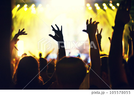 Crowd at a music concert, audience raising hands up 105578055