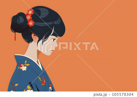 日本画 女性の横顔 青色着物 【公式通販】