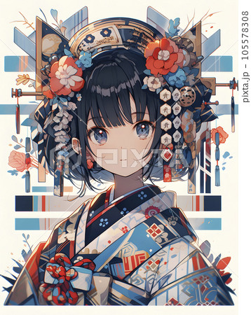 個性的な装飾を施された着物の女性（Generative AI）のイラスト素材