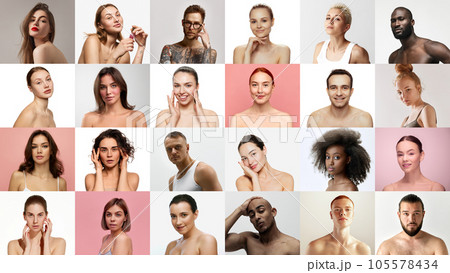Collage made of portraits with beautiful different nationality young men and women enjoy spa treatments. 105578434
