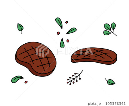 Beef steaks vector doodles set. Cooked pieces of meat isolated on white background. Hand drawn outline illustration of grilled BBQ steaks and natural seasoning leaves 105578541