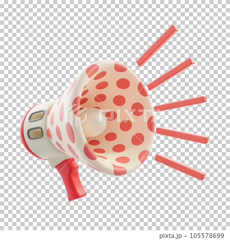 Megaphone red polka dot is ringing. Space on side for banner or logo. Transparent background. 3D PNG Render. Megaphone red polka dot is ringing. Space on side for banner or logo. Transparent background. 3D PNG Render. 105578699
