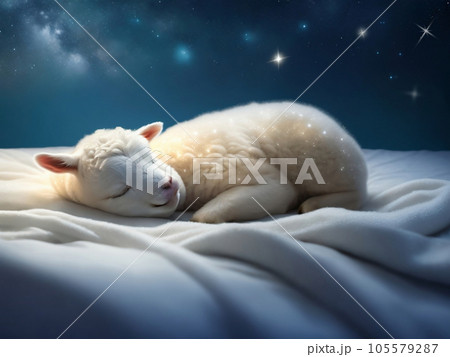 星空とベッドで眠るかわいい子羊。快適な睡眠環境。生成AI 105579287