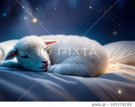 星空とベッドで眠るかわいい子羊。快適な睡眠環境。生成AI 星空とベッドで眠るかわいい子羊。快適な睡眠環境。生成AI 105579288