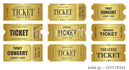 Vector set of admit one tickets template. Golden ticket for cinema,movie,circus,theatere,film,festival,casino,club,music etc. Event admission, entrance pass set .Vector illustration Vector set of admit one tickets template. Golden ticket for cinema,movie,circus,theatere,film,festival,casino,club,music etc. Event admission, entrance pass set .Vector illustration 105579392