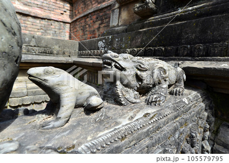 Carved stone animals on a public fountain in Kathmandu, Nepal Carved stone animals on a public fountain in Kathmandu, Nepal 105579795