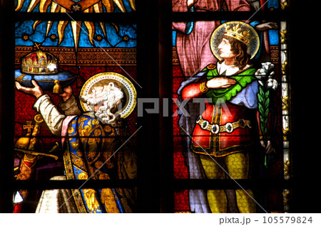 Stained glass window detail with Biblical scene 105579824