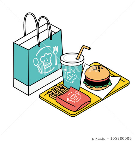 アイソメトリック構図のファーストフードのイラスト アイソメトリック構図のファーストフードのイラスト 105580009