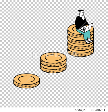 一個人坐在硬幣上使用電腦的等距構圖 105580231