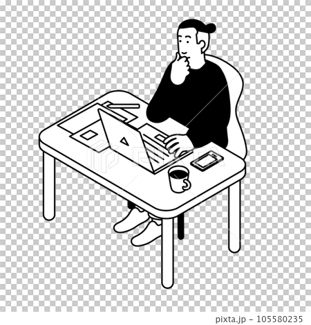 アイソメトリック構図　リモートで仕事をする男性のシンプルなイラスト 105580235