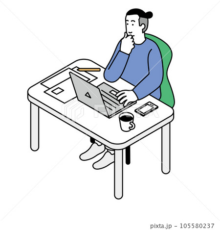 アイソメトリック構図　リモートで仕事をする男性のシンプルなイラスト 105580237
