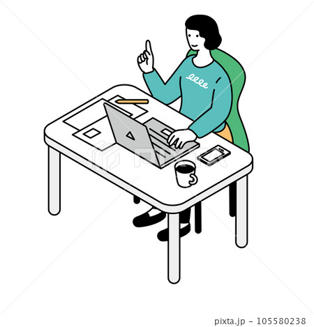 アイソメトリック構図 デスクワークをするシンプルな線画の女性 アイソメトリック構図 デスクワークをするシンプルな線画の女性 105580238