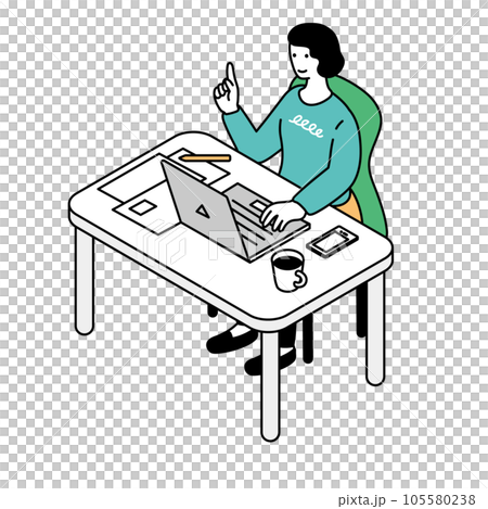 アイソメトリック構図 デスクワークをするシンプルな線画の女性 アイソメトリック構図 デスクワークをするシンプルな線画の女性 105580238
