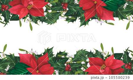Seamless Border garland with Christmas holly leaves berries, poinsettia, mistletoe isolated on white background. Watercolor hand drawn borders. Illustration for design decoration, greeting card 105580239
