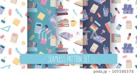 Set of school seamless patterns digital paper. Office stationery in doodle hand drawn style for design. 105580378