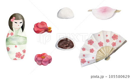 Watercolor hand drawn set of traditional Japanese sweets. Winter wagashi, fans, kokeshi dolls. Isolated on white background. Design for invitations, restaurant menu, greeting cards, print, textile. 105580629