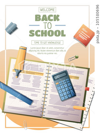 Set of flyer template with notebook with calculator and pencil. School time, back to school, education. Flyer, poster, banner size a 4 105580696