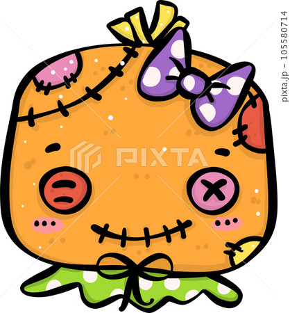 Adorable doodle of a kid face in a cute Vibrant Halloween costume. Embrace the colorful spooky spirit and enjoy the holiday magic with this whimsical illustration perfect for trick-or-treating and fes 105580714
