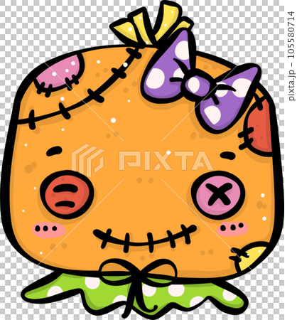 Adorable doodle of a kid face in a cute Vibrant Halloween costume. Embrace the colorful spooky spirit and enjoy the holiday magic with this whimsical illustration perfect for trick-or-treating and fes 105580714