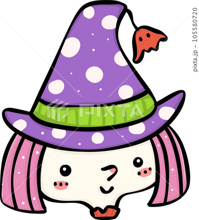 Adorable doodle of a kid face in a cute Vibrant Halloween costume. Embrace the colorful spooky spirit and enjoy the holiday magic with this whimsical illustration perfect for trick-or-treating and fes 105580720