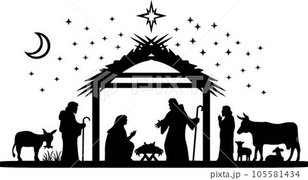 Holy Night silhouette - Nativity scene of baby Jesus silhouette in a manger with Mary and Joseph with the three wise men. Christian Christmas silhouette of animals. Illustration for children. 105581434
