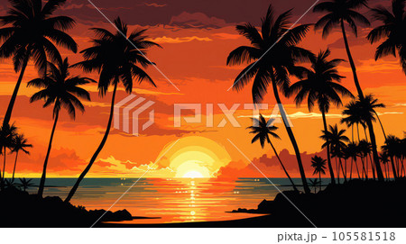 coconut trees silhouette sunset on the beach 105581518