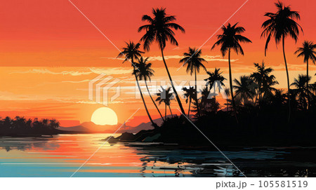 coconut trees silhouette sunset on the beach 105581519