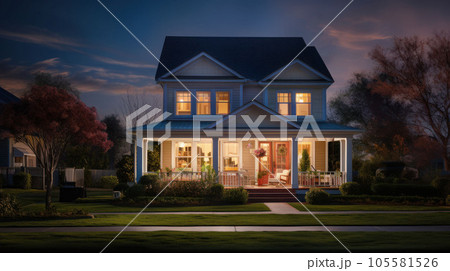 The house in the evening represents real estate. 105581526