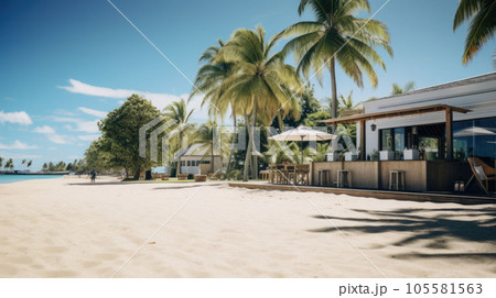 Sandy beach at noon with coconut trees and refreshments Sandy beach at noon with coconut trees and refreshments 105581563