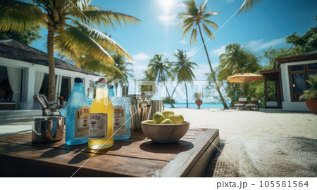 Sandy beach at noon with coconut trees and refreshments Sandy beach at noon with coconut trees and refreshments 105581564