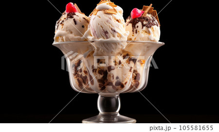 Vanilla, strawberry, and chocolate sundae dish ice cream scoops with wafer stick in sundae cup or glass Vanilla, strawberry, and chocolate sundae dish ice cream scoops with wafer stick in sundae cup or glass 105581655