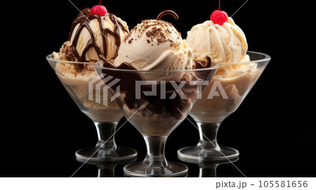 Vanilla, strawberry, and chocolate sundae dish ice cream scoops with wafer stick in sundae cup or glass Vanilla, strawberry, and chocolate sundae dish ice cream scoops with wafer stick in sundae cup or glass 105581656