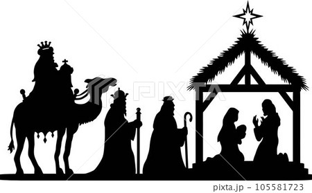 Holy Night silhouette - Nativity scene of baby Jesus silhouette in a manger with Mary and Joseph with the three wise men. Christian Christmas silhouette of animals. Illustration for children. 105581723