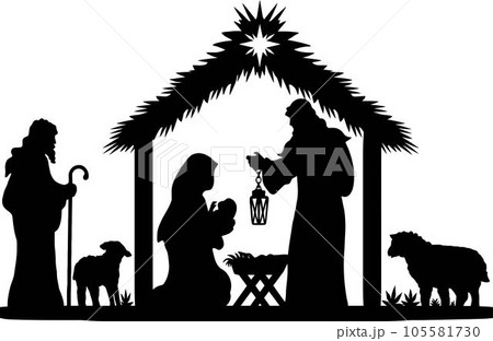 Holy Night silhouette - Nativity scene of baby Jesus silhouette in a manger with Mary and Joseph with the three wise men. Christian Christmas silhouette of animals. Illustration for children. 105581730