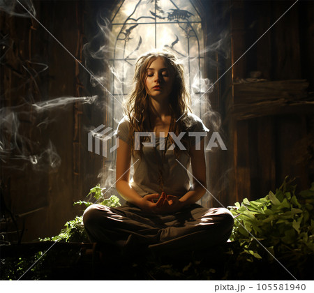 A young girl is praying to God in his intimacy 105581940