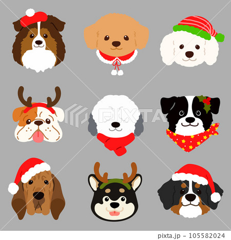 クリスマス仕様の可愛い犬の顔のイラストセット 主線なし クリスマス仕様の可愛い犬の顔のイラストセット 主線なし 105582024