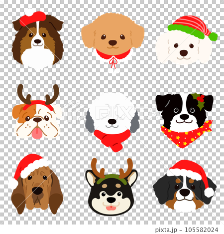 クリスマス仕様の可愛い犬の顔のイラストセット 主線なし クリスマス仕様の可愛い犬の顔のイラストセット 主線なし 105582024