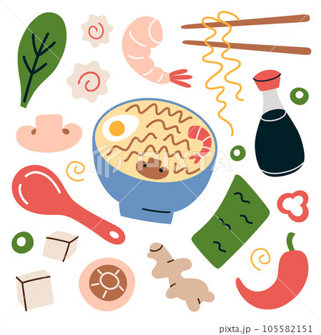 Ramen toppings hand drawn collection, doodle icons of vegetable, seafood, tofu, vector illustrations of noodle soup ingredients, eating ramen with different flavors, isolated colored clipart Ramen toppings hand drawn collection, doodle icons of vegetable, seafood, tofu, vector illustrations of noodle soup ingredients, eating ramen with different flavors, isolated colored clipart 105582151